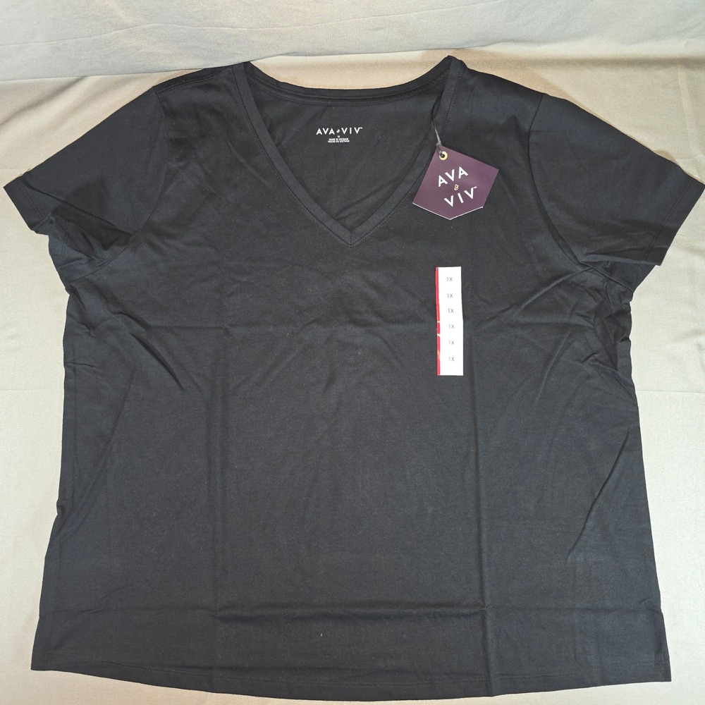 Ava & Viv Womens Plus 1X Black V-Neck Short Sleeve T-Shirt 7K91ZX NWT